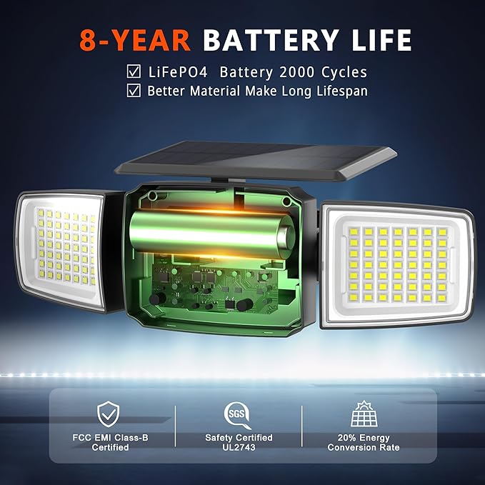 Solar Security Light Outdoor Super Bright LED w/Remote Control, Radar Motion Sensor Flood Light, 3 Heads 270° Wide Angle, IP65 Waterproof, 3 Modes (4 Packs)