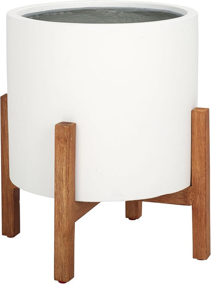 SAFAVIEH Outdoor Patio Furniture Jesper Modern White Concrete Ficonstone & Natural Brown Solid Wood Planter Pot