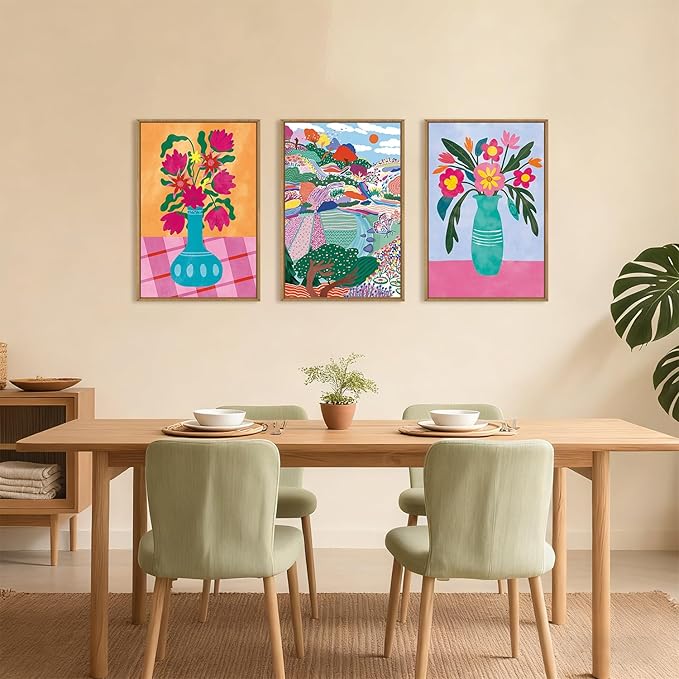 HOURIA Colorful Flower Field Landscape Framed Canvas Wall Art Set,Abstract Pink Floral Vase Wall Decor,Natural Botanical Tree Artwork,Modern Sunrise Art Prints for Living Room,Farmhouse-24 x36 x3