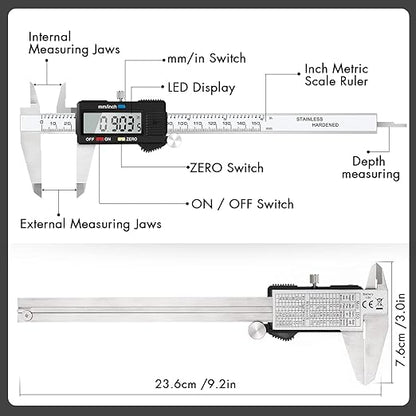 Electronic Digital Caliper Measuring Tool, Stainless Steel Vernier Caliper Digital, Easy Switch from Inch Metric, LCD Screen,0-6inch/150mm Caliper Measuring Tool for DIY/3D Printing