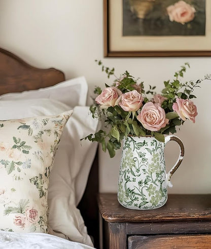 Ceramic Rustic Farmhouse Vase, 7.9" Green and White Vase for Centerpieces Chinoiserie Vases Pottery Jug with Handle Chinoiserie French Country Decor Vintage Vases for Living Room Kitchen Dinner Table