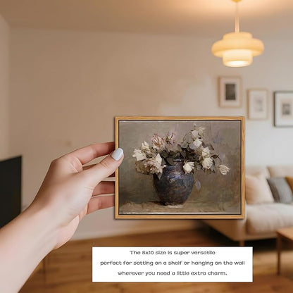 SAMHOU Floating Framed Floral Canvas Wall Art, Vintage Flowers Pictures Wall Decor, Rustic Farmhouse Pink Roses Poster Prints for Living Room Bathroom Dining Room Decor 8x10 inch