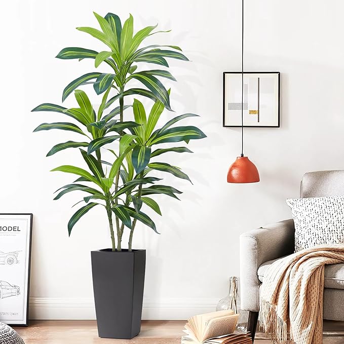 Dracaena Plant Artificial Tree 4Ft Tall Fake Tropical Floor Plants Potted (Real Touch) Artificial Silk Tree Leaf Faux Trees Black Tall Planter for Home Office Living Room Indoor Outdoor Decor