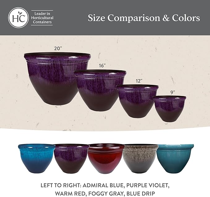 The HC Companies 9 Inch Pizzazz Round Planter Pots with Ceramic Look, Lightweight UV-Resistant Plastic Outdoor Planters, 2-Pack Flower Pots for Garden & Home Decor, Admiral Blue