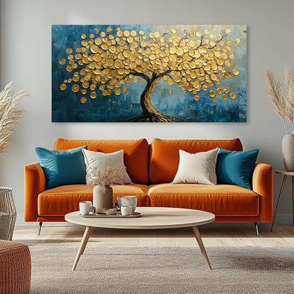 Modern Art Golden Lucky Tree Money Tree Canvas Wall Art Gold Tree of Life Painting Canvas Art Good Luck Money And Wealth Picture Stunning Poster Decorative for Home, Office & Hotel Lobbies, Ready to Hang (30x60 Inches)