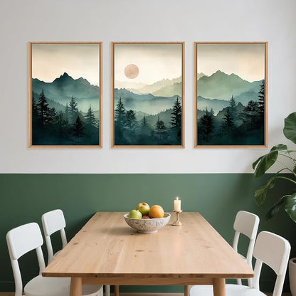 LHIUEM Large Boho Mountain Framed Wall Art Set,Green Foggy Forest Wall Painting,Abstract Nature Sunrise Artwork,Watercolor Pine Tree Wall Decor for Living Room,Bedroom,Office-24''x36''x3