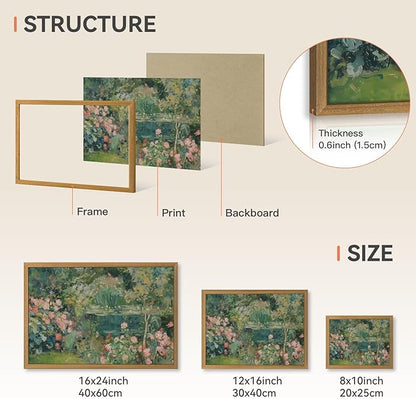 CAZLOUC Vintage Floral Wall Art, Rose Garden Pond Still Life Wall Decor, Retro Romantic Flower Poster Print, Impressionist Botanical Landscape Painting for Bedroom Office Wood Framed 8x10 Inch