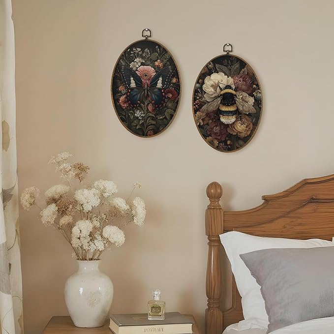 LKETW Vintage Floral Butterfly Bee Oval Wall Art Decor, Dark Cottagecore Oval Canvas Hanging Decor, Rustic Botanical Wildflower Wall Decorations for Home Living Room Bedroom, 8.6x11.4 Inch Set of 2
