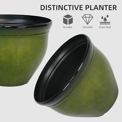 Worth Garden 12-Inch Dia. Round Green Plastic Planters with Drain Holes, 9.5-Inch Height - 4-Pack Glossy Finish Bell-Shaped Plant Pot – Lightweight Indoor/Outdoor Flower Pots
