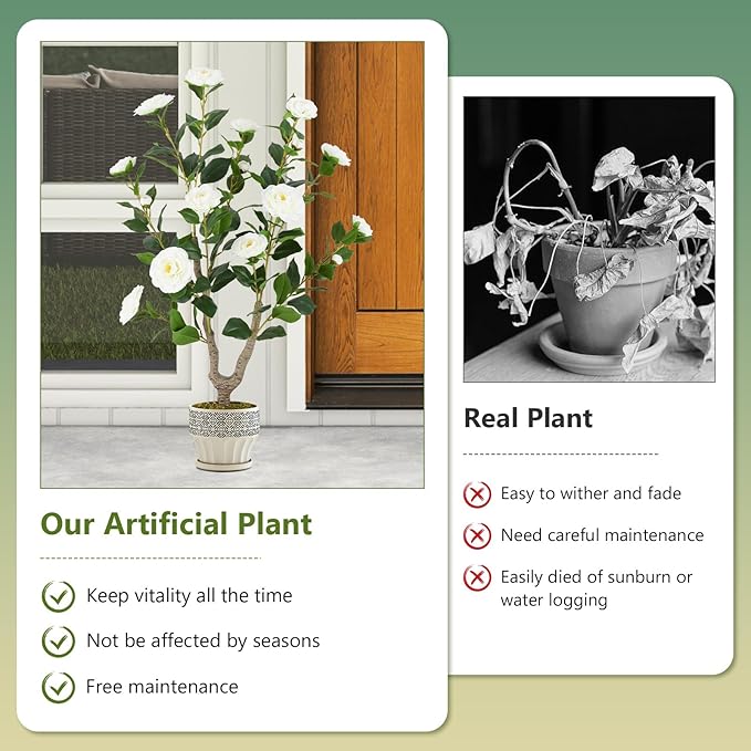 Goplus 36’’ Artificial Camellia Tree, Flower Plants Artificial Tree, Faux Floral Plant Blooming Tree in Nursery Pot, Greenery Potted Plant for Indoor Office Home Porch Decor, White