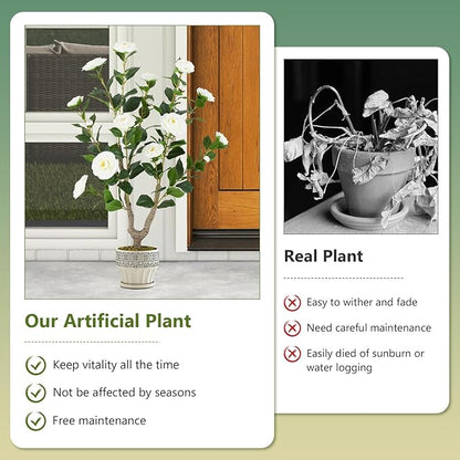 Goplus 36’’ Artificial Camellia Tree, 2 Pack Flower Plants Artificial Tree, Faux Floral Plant Blooming Tree in Nursery Pot, Greenery Potted Plant for Indoor Office Home Porch Decor, White