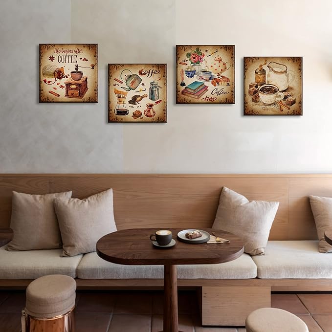 BLINFEIRU Kitchen Wall Art Coffee Decor Canvas Prints Vintage Brown Pictures for Coffee Bar Wall Decor 4 Panel Modern Artwork for Dining Room Cafe Restaurant Decorations Framed 12" Wx12 Hx4