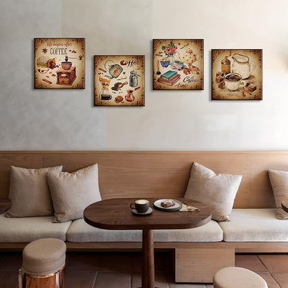 BLINFEIRU Kitchen Wall Art Coffee Decor Canvas Prints Vintage Brown Pictures for Coffee Bar Wall Decor 4 Panel Modern Artwork for Dining Room Cafe Restaurant Decorations Framed 12" Wx12 Hx4