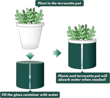D'vine Dev 4 Inch Design Self Watering Planter for Indoor Plants, White Terracotta Pot with Teal Cylinder Glass Cup, Set of 2, 37-Y-A-5