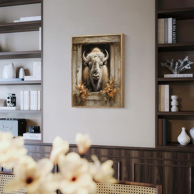 Vintage Canvas Wall Art Cow Wall Decor Animal Country Wildflowers Oil Painting Farmhouse Picture Modern Print Rustic Floral Prints Living Room Bedroom Bathroom 12x16 Inch Framed