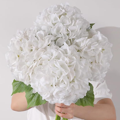 4Pcs Hydrangea Artificial Flowers, 22.44" Real Touch Latex Faux Hydrangea with Long Stems & Leaves for Home Office Decor or Wedding, Party, Centerpieces, Floral Arrangements (White)