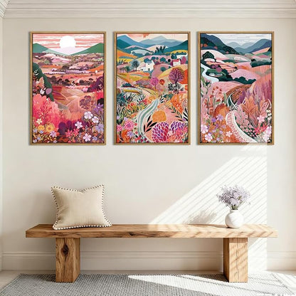 Anyzal Large Colorful Mountain Floral Wall Art Framed Pink Nature Landscape Painting Sunset Scenery Wall Decor for Living Room Bedroom Office 16x24 Inch Set of 3