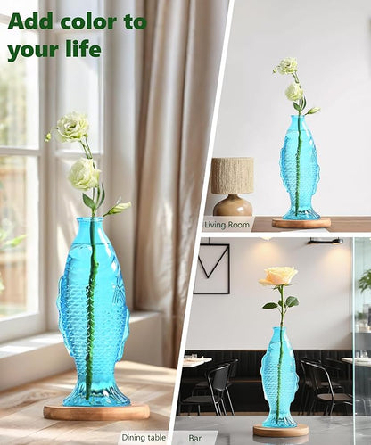Nacome Fish Vase Propagation Stations: Glass Plant Terrarium with Wooden Stand for Home Office Desk Decor, Unique Gifts for Plant Lovers Women Mom (Blue)