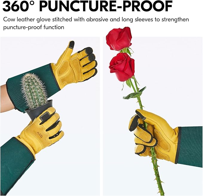 Vgo... Men's Extra-Long Leather Gardening Gloves, Gauntlet with Adjustable Cuff, Puncture & Thorn Proof, Touchscreen (CA7472)
