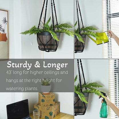 2 Pack Macrame Plant Hanger Black Large 43 Inch Long Hanging Planter Holder for Indoor Outdoor Decor with Swag Hooks