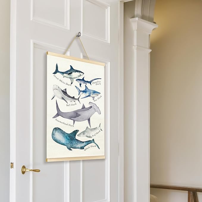 TAEDIN Watercolor Shark Ocean Animal Chart Poster Hanger Frame, Educational Shark Decor Wood Wooden Canvas Artwork Print, Sea Life Wall Painting for Home Bedroom Classroom Library Dorm Decor 12X16