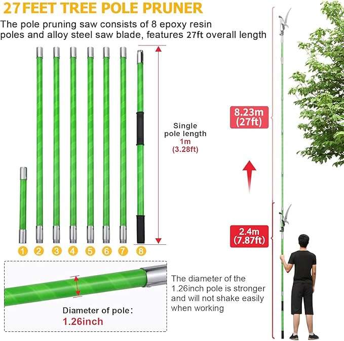 27 Feet Tree Pole Pruner Manual Branches Trimmer Tree Branch Garden Tools Loppers Hand Pole Saws Extendable Height Adustable System for Sawing and Shearing
