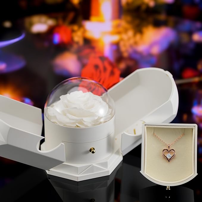 Preserved White Rose with Heart Necklace, Eternal Real Rose, Romantic Rose Flower Gifts for Women, Mom, Wife, Girlfriend, Anniversary, Birthday, Mother’s Day, Valentines Day(White)