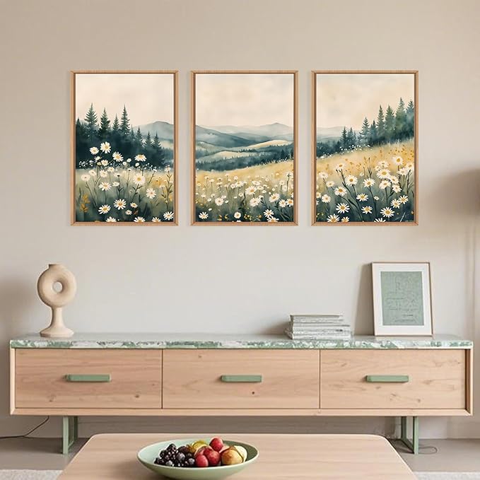 Large Misty Mountain Framed Canvas Wall Art,Nature Daisy Flower Wall Decor,Modern Foggy Forest Art Painting,Abstract Woodland Landscape Artwork for Living Room,Bedroom,Dining Room-24"x36"x3