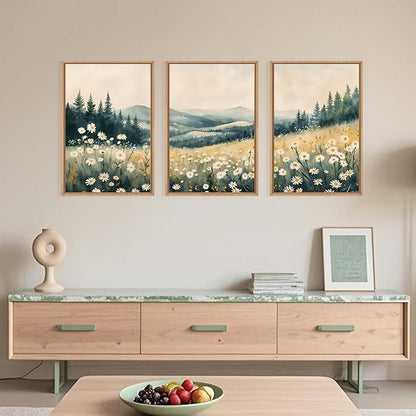 Large Misty Mountain Framed Canvas Wall Art,Nature Daisy Flower Wall Decor,Modern Foggy Forest Art Painting,Abstract Woodland Landscape Artwork for Living Room,Bedroom,Dining Room-24"x36"x3