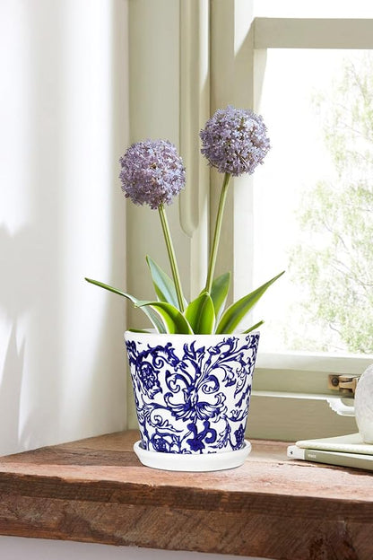 Blue and White Ceramic Planters Pots, Ceramic Flower Pots with Drainage Hole & Saucer, Indoor/Outdoor Ceramics Plant Pot for Succulents, Cactus, Flowers, Garden Home Tabletop Decor, 5+4 Inch Set of 2