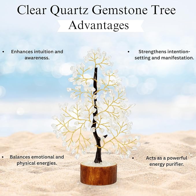 GEMSCITE Clear Quartz Crystal Tree with Golden Wire – Handmade Gemstone Bonsai for Energy Healing & Home Decor