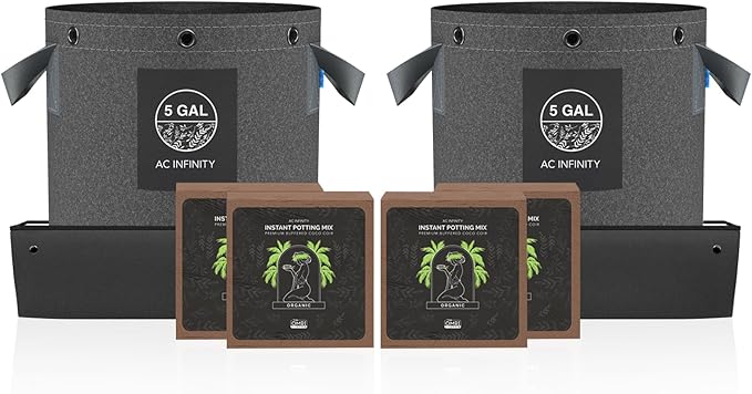 AC Infinity Instant Potting Mix Kit, 2-Plant Starter Set with Premium Buffered Coco Coir Bricks, 5-Gallon Fabric Pots, and Waterproof Multipurpose Trays, Grow Accessory Kit for Seed Germination
