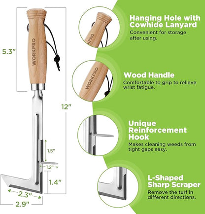 WORKPRO Crack Weeder, 12" Stainless Steel Crevice Weeding Tool with Beech Wood Handle, L-Shaped Side-Walk Weed Puller Spatula, for Garden Lawn Yard Patio Terrace Paving Moss, Small Gardening Tool