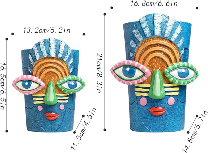 Picasso Blue Face Planter Pots Abstract Art Colorful Funky Plant Pots with Facial Expressions Unique Head Planter for Indoor Plants Home Decor (Large)