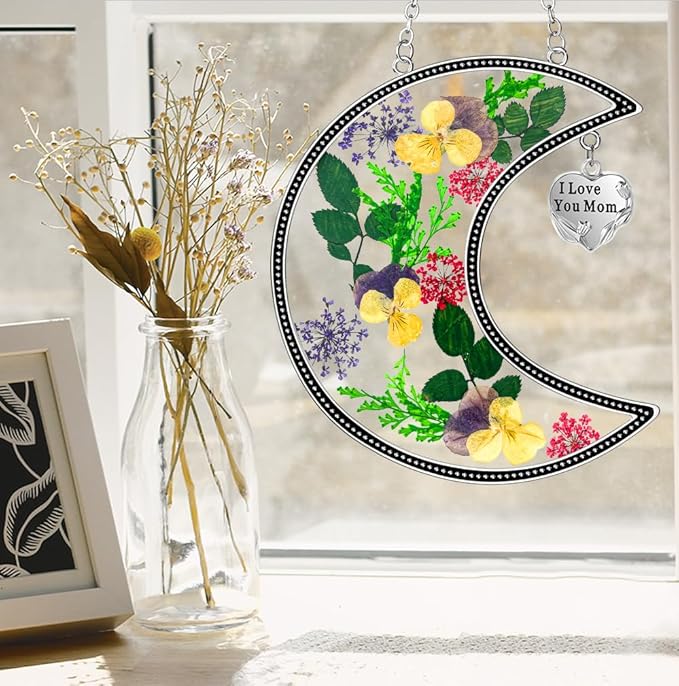 KY&BOSAM Moon Suncatcher Mom Gifts Stained Glass for Window Hangings Wind Chimes Decor with Pressed Real Flower and Metal I Love You Mom Heart Charm Birthday Gift for Women Mother`s Day Christmas