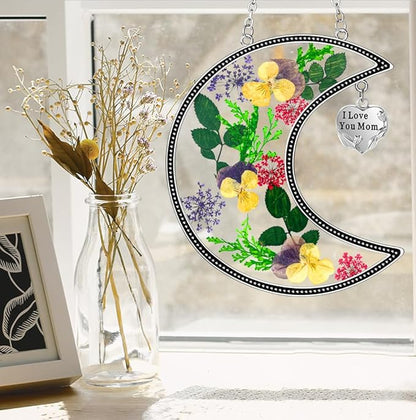KY&BOSAM Moon Suncatcher Mom Gifts Stained Glass for Window Hangings Wind Chimes Decor with Pressed Real Flower and Metal I Love You Mom Heart Charm Birthday Gift for Women Mother`s Day Christmas