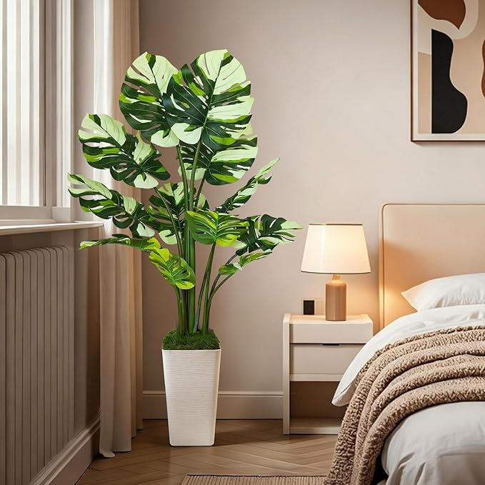 5FT Artificial White Leaf Monstera Plant,Realistic Faux Monstera Plant with Tall White Planter, Lifelike Indoor Outdoor Artificial Tree for Living Room, Bedroom, Office, Housewarming Decor