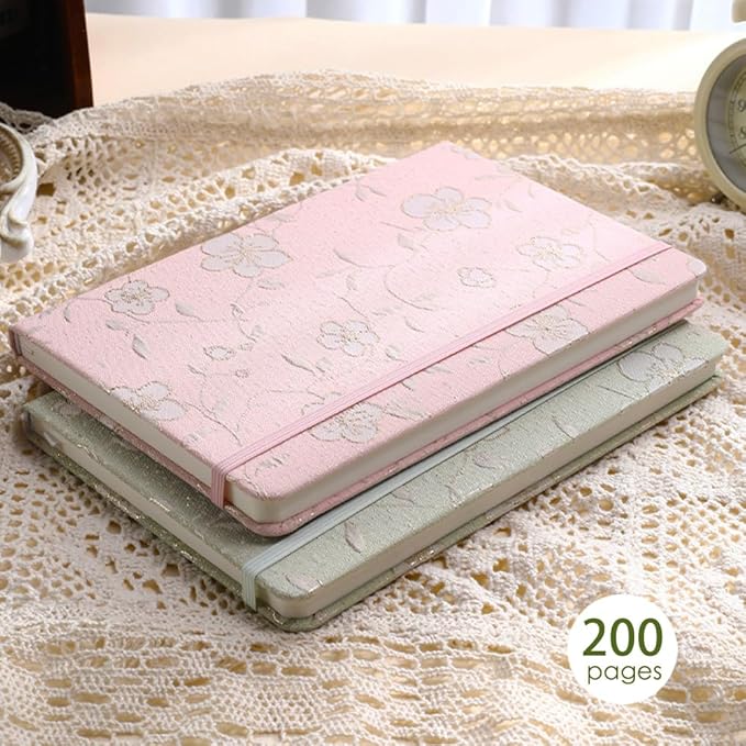 A5 Notebook, Ruled Paper, Lined Page, Hardcover, Layflat, Linen Cover, Flower Fabric, Journal for Women, Elastic Band Closure, Cute Notebooks for School, Office, Personal Writing, Green