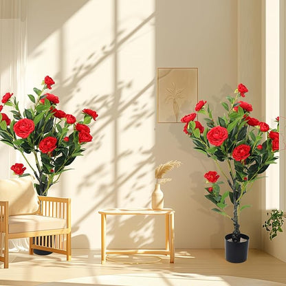 2 Pack Artificial Camellia Tree, 36" Red Faux Camellia Plant, Fake Indoor Outdoor Tree for Home, Office, Porch, Living Room, Red
