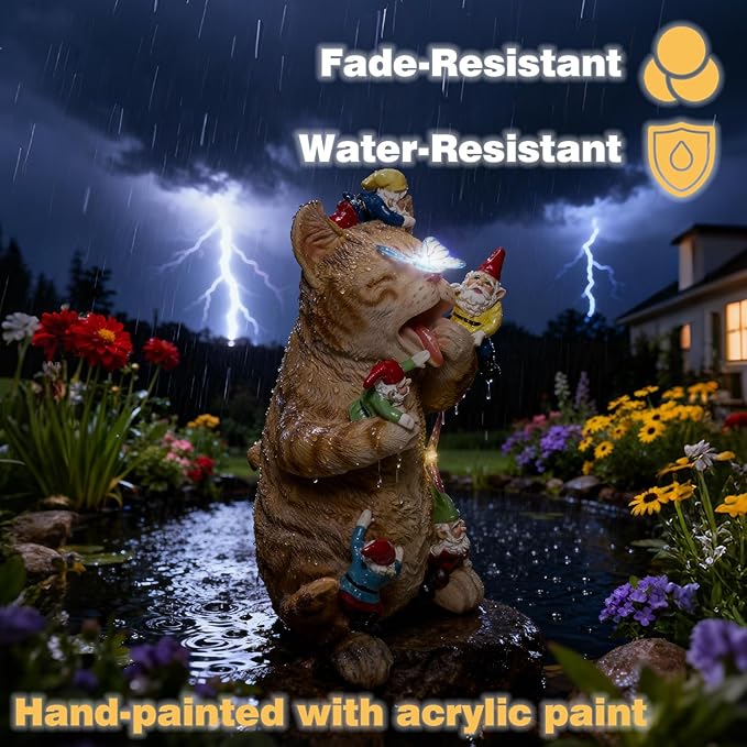 Solar Funny Garden Gnomes Kitty Figurine Colorful Gradent LED Lights Decorations for Yard Sculpture Outdoor Statue
