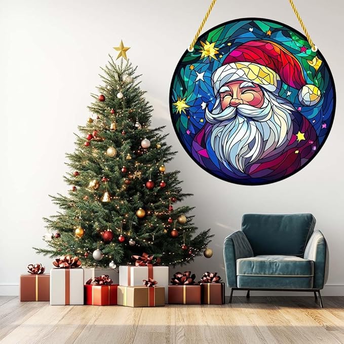 Acrylic Window Hanging Santa Christmas Funny Stained Panel Window Decoration for Outdoor Indoor Garden Yard Home Winter Decor 8 Inch