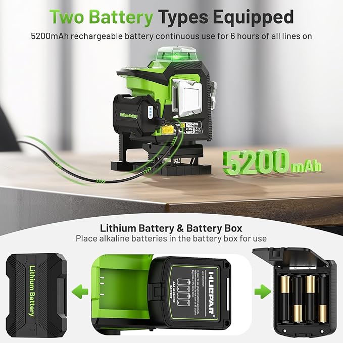 Huepar Laser Level 360 Self Leveling, Rechargeable High Brightness 4x360° Green Cross Line Lazer Leveler Tool for Construction and Picture Hanging, Strong Magnetic Bracket&Hard Carry Case