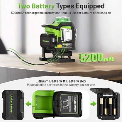 Huepar Laser Level 360 Self Leveling, Rechargeable High Brightness 4x360° Green Cross Line Lazer Leveler Tool for Construction and Picture Hanging, Strong Magnetic Bracket&Hard Carry Case