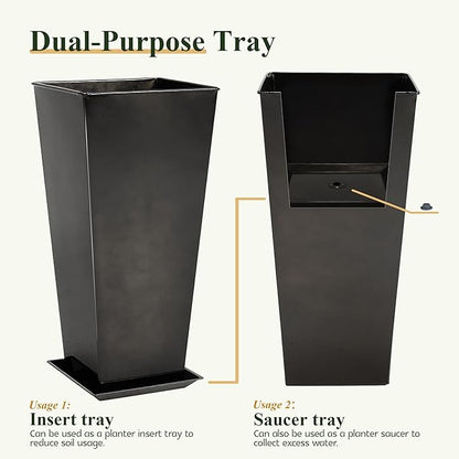 Worth Garden Large Metal Glazed Planter Set of 2 (25" + 28"), Luxurious Glossy Finish Black Tall Square Tapered Steel Plant Pot, Decor Flower Pot Indoor & Outdoor, Drainage Hole & Dual-Purpose Saucer