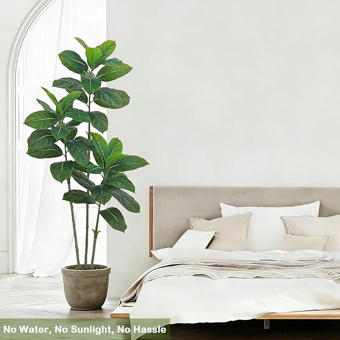 Ficus Tree Artificial Plants Indoor, 5FT Tall Fake Trees in White Pot, Large Potted Silk Floor Plant Artificial Trees, Green Lifelike Faux Ficus Tree for Home Room Office Porch Decor-Green