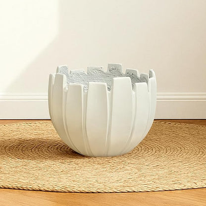 Large Round Planter with Drainage Hole, 9.5''H × 12.6''D Sphere Indoor Plant Pot, Modern Flower Pot for Outdoor Garden Patio Home, Wavy Rim Design, White