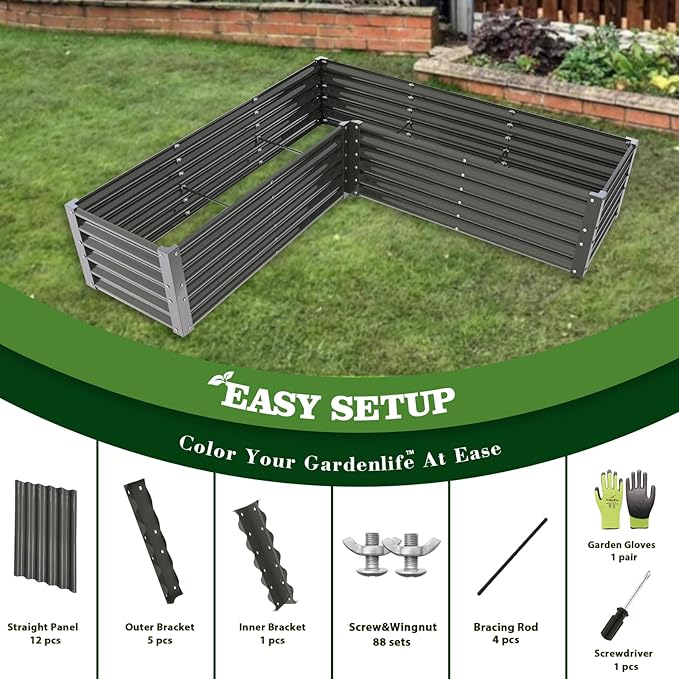 A ANLEOLIFE L-Shaped Galvanized Raised Garden Beds Outdoor,74x74x18in Large Metal Planter Box for Planting Vegetables Flowers Herb, Anti-Rust & Easy-Setup, Quartz Grey