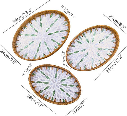 i-lan Set of 3 Oval Rattan Serving Trays with Mother of Pearl Inlay, 13" 12" 11" Woven Platters for Home Decor, Coffee Table, Vanity & Display