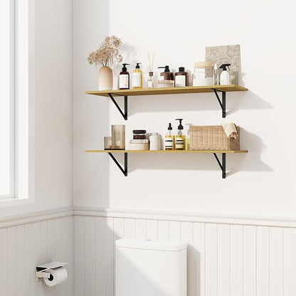 Fun Memories Deep Floating Shelves for Wall, 36W x 8D Wall Mounted Shelves Set of 2, Wide Display Ledge Shelf with Sturdy Metal Brackets for Living Room, Bathroom, Bedroom and Kitchen, Oak