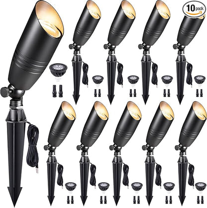 Gardenreet Low Voltage Spotlight LED - 12V Black Outdoor Light Fixture Weather Proof, Brass Landscape Lights Hardwired, Coastal for Flag Sign with Warm White MR16 Removable Bulbs (10 Pack)